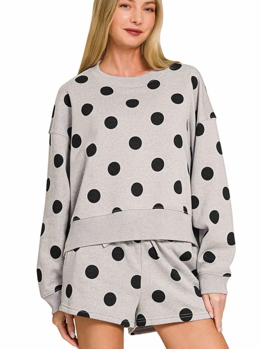Zenana Outfitters Gray Crewneck Sweatshirt with Black Polka Dots